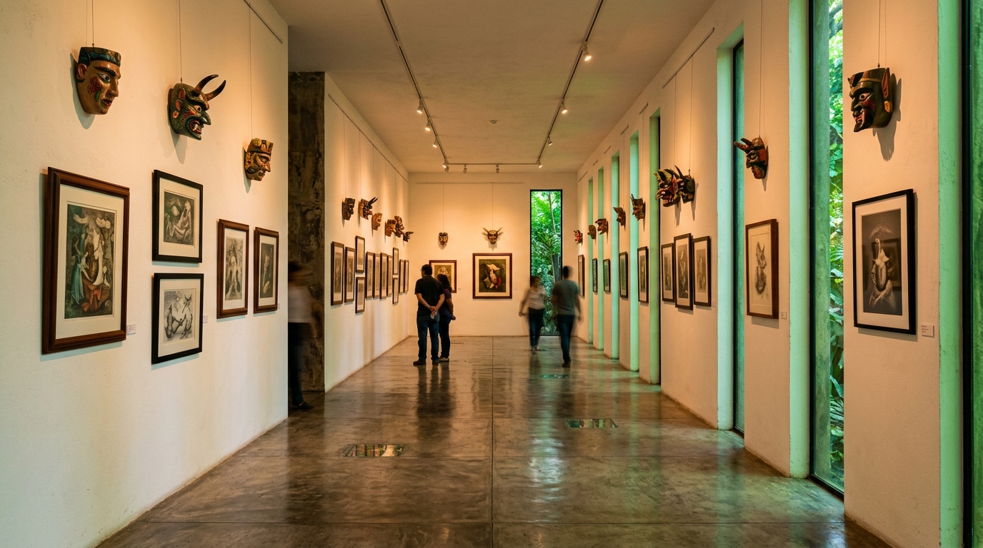 Interior del museo Leonora Carrington Xilitla con obras gráficas en exhibición