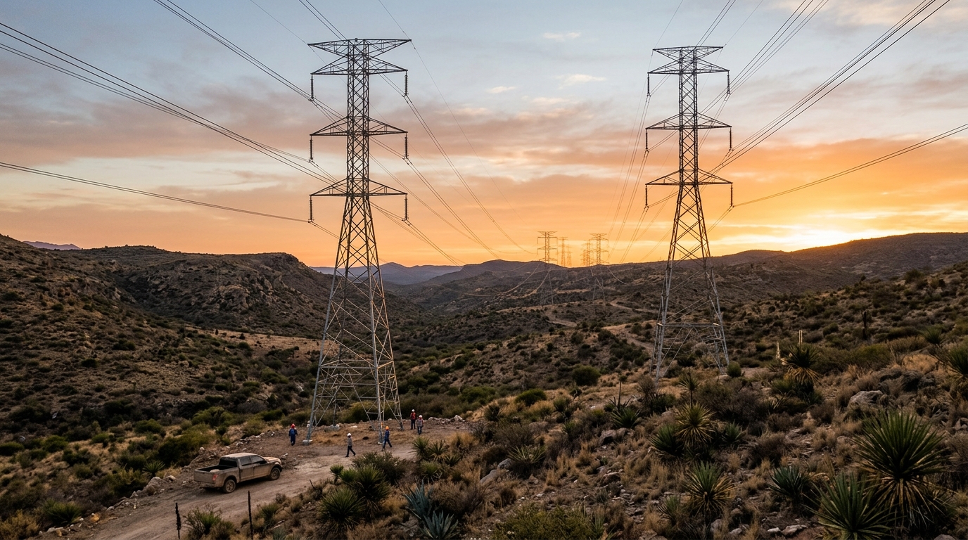 Torres de transmisión eléctrica al atardecer en el altiplano mexicano